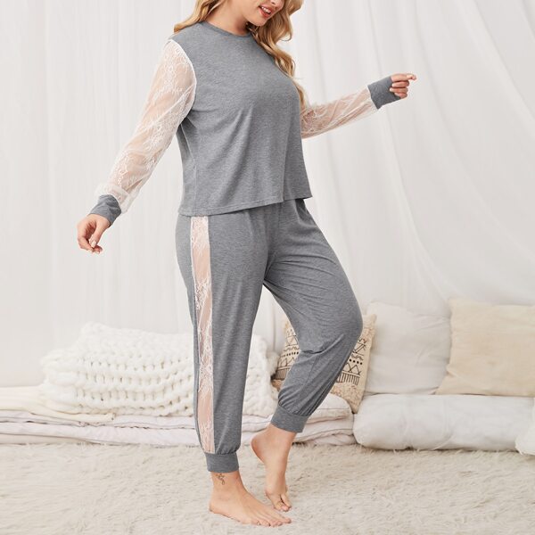 

Plus Lace Sleeve Top & Pants PJ Set, Grey