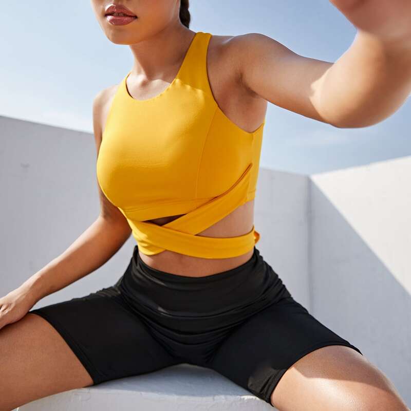 

Cut-out Wrap Cross Tie Back Sports Bra, Yellow