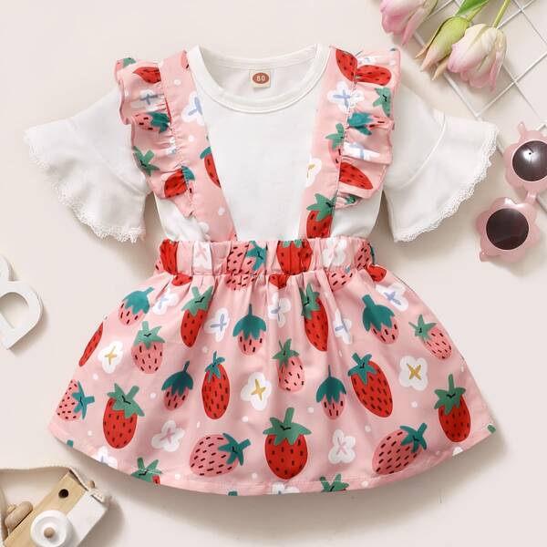 

Baby Girl Flounce Sleeve Top & Strawberry Print Overall Dress Set, Multicolor