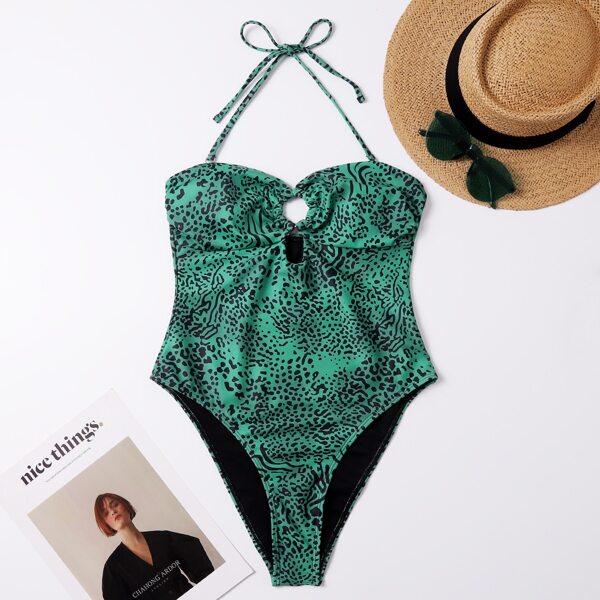 

Allover Print Ring Linked One Piece Swimsuit, Dark green