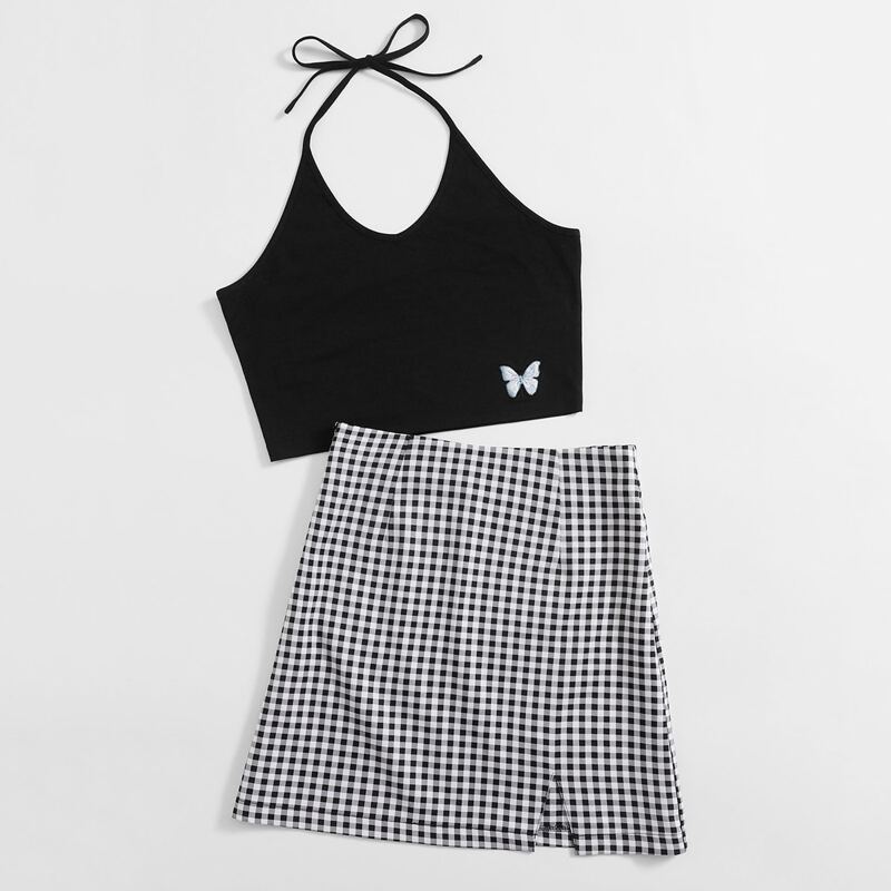 

Butterfly Embroidery Halter Top & Gingham Skirt, Black and white