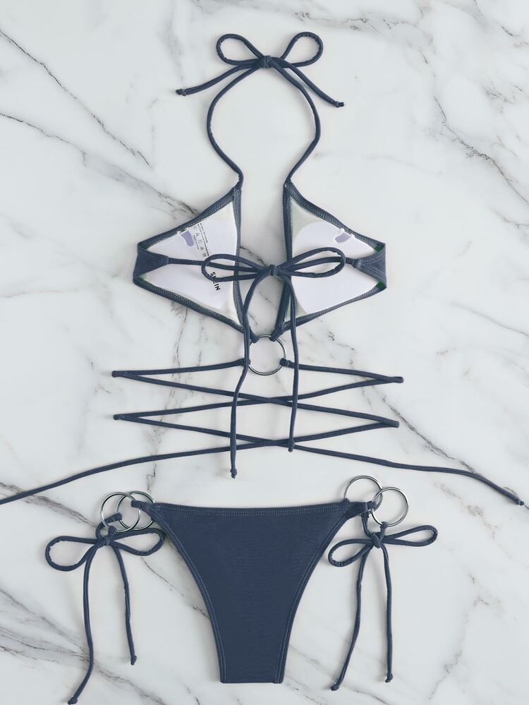 環鏈連接領口比基尼套裝 ，夏日沙灘 - 藏蓝色 - 查看 2