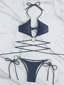Ring Linked Halter Bikini Set Summer Beach