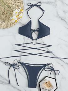 Ring Linked Halter Bikini Set Summer Beach