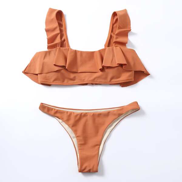 

Ruffle Trim Cheeky Bikini Swimsuit, Burnt orange