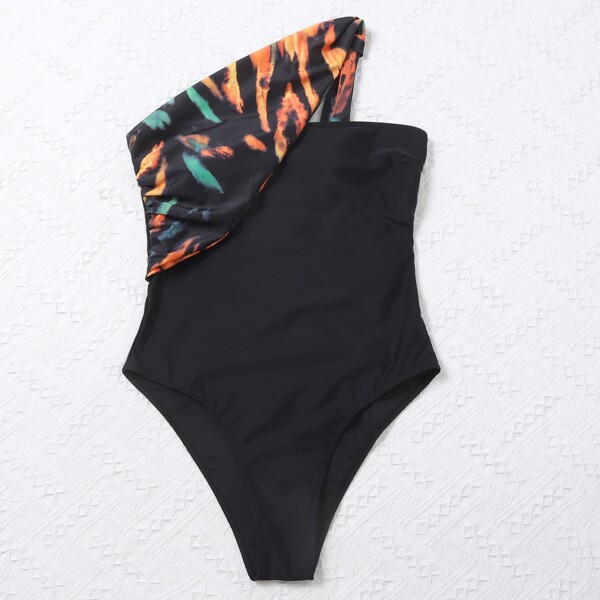 

Graphic Print One Shoulder One Piece Swimsuit, Black