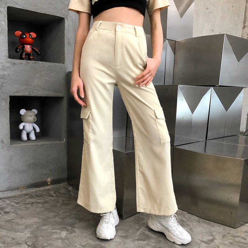 

High Waist Flap Pocket Pants, Apricot