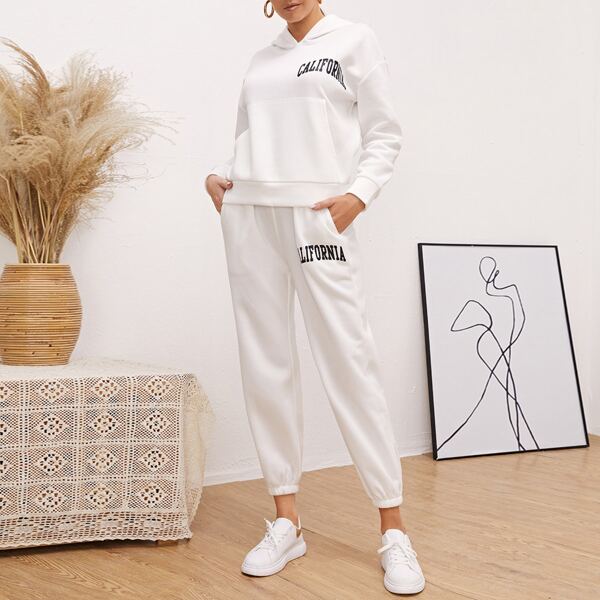 

Kangaroo Pocket Letter Graphic Hoodie & Sweatpants Set, White