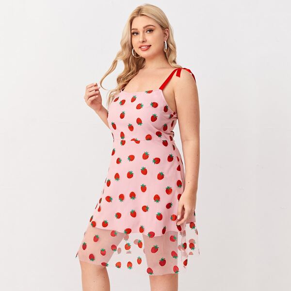 

Plus Tie Shoulder Strawberry Embroidery Cami Dress, Baby pink