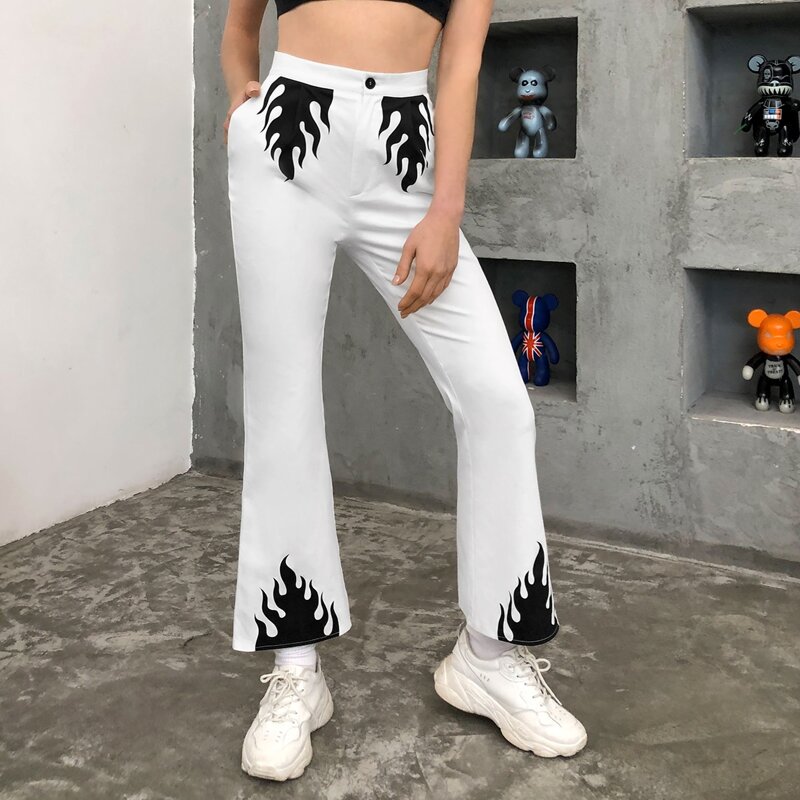 

Fire Print Flare Leg Pants, White