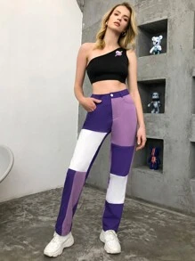 Top corto con estampado de dibujo de un hombro - Negro - Ver 3