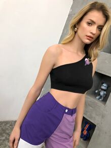 Top corto con estampado de dibujo de un hombro - Negro - Ver 5