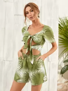 SHEIN Unity 繫帶植物圖案連身短褲 - 綠色 - 查看 1