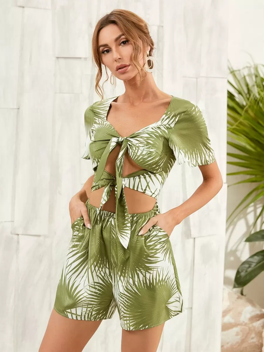 SHEIN Unity 繫帶植物圖案連身短褲 - 綠色 - 查看 1