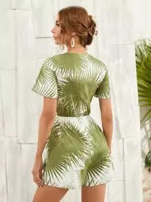 SHEIN Unity 繫帶植物圖案連身短褲 - 綠色 - 查看 2