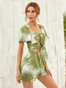 SHEIN Unity 繫帶植物圖案連身短褲 - 綠色 - 查看 3