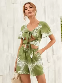 SHEIN Unity 繫帶植物圖案連身短褲 - 綠色 - 查看 4