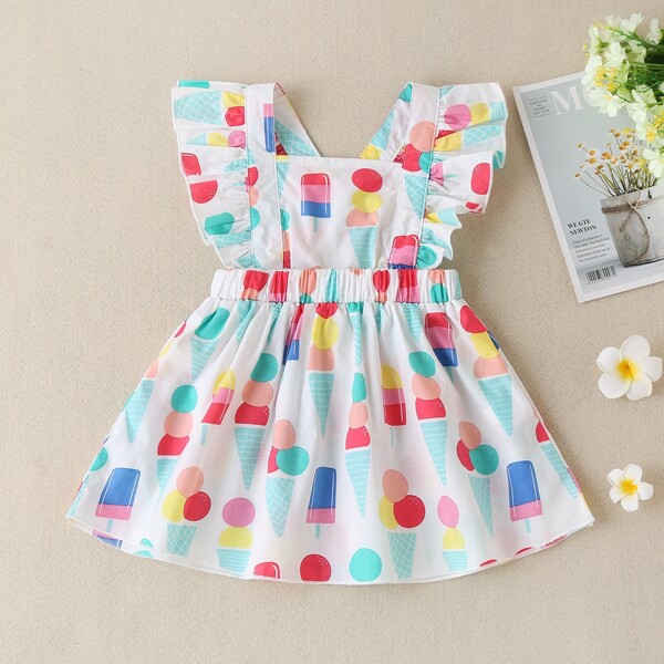 

Baby Girl Cartoon Graphic Ruffle Trim Dress, Multicolor