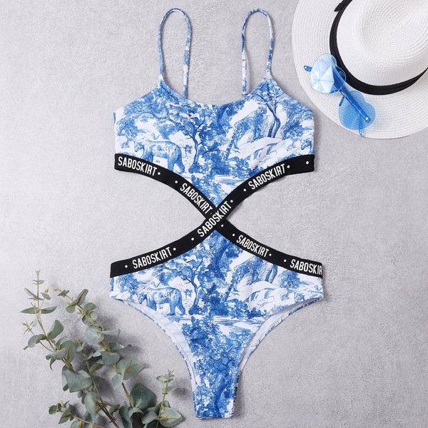 

Animal Print Letter Tape Cut-out One Piece Swimsuit, Multicolor
