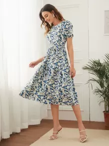SHEIN Clasi Puff Sleeve Allover Print Dress - Multicolor - View 5