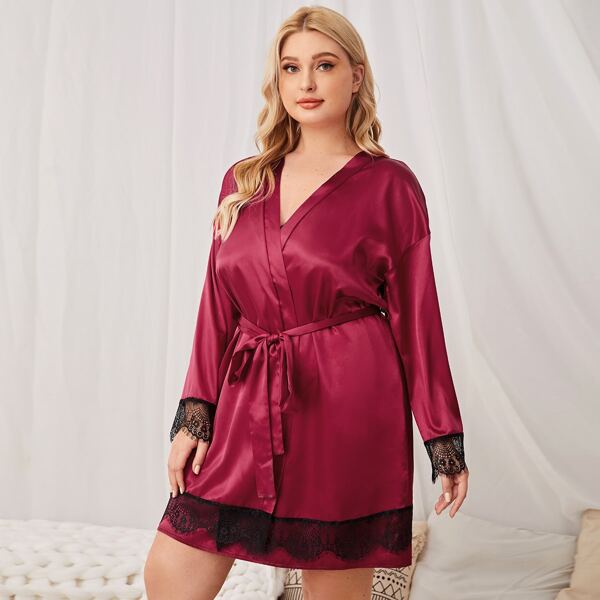 

Plus 2pcs Satin Lace Trimed Belted Robe Set, Burgundy