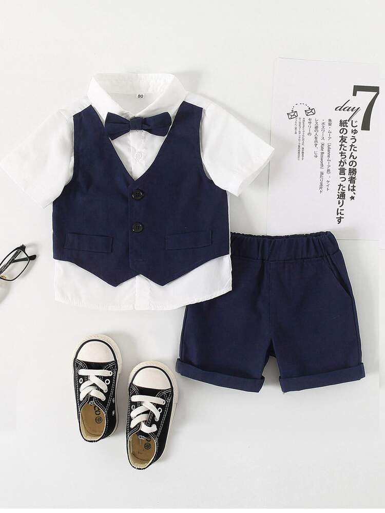 Toddler Boys 2 In 1 Bow Front Shirt & Shorts - Blue and White - View 1