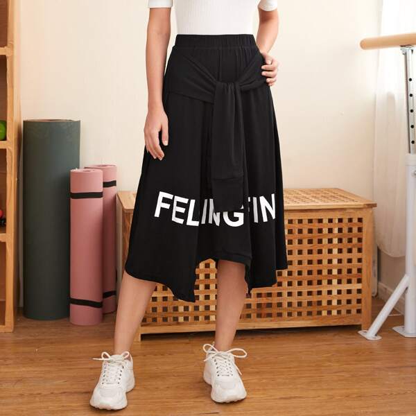 

Letter Graphic Knotted Skirt, Black