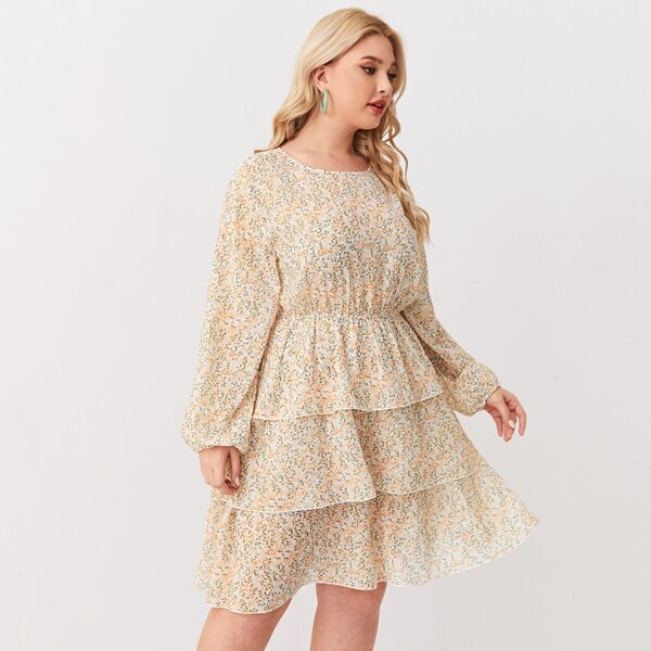 

Plus Ditsy Floral Layered Ruffle Hem A-line Dress, Multicolor