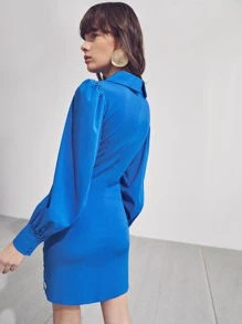 SHEIN Button Side Ruched Dress - Blue - View 2