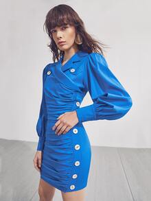 SHEIN Button Side Ruched Dress - Blue - View 5
