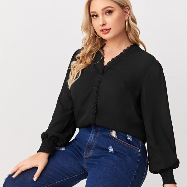 

Plus Lace Trim Button Front Blouse, Black