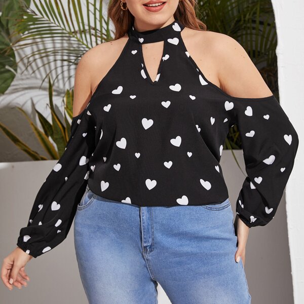 

Plus Cold Shoulder Peekaboo Front Heart Print Blouse, Black