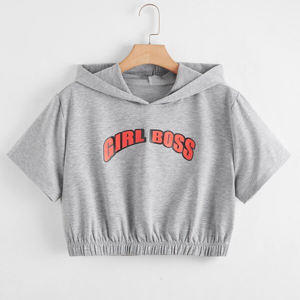 

Plus Letter Graphic Crop Hoodie, Light grey