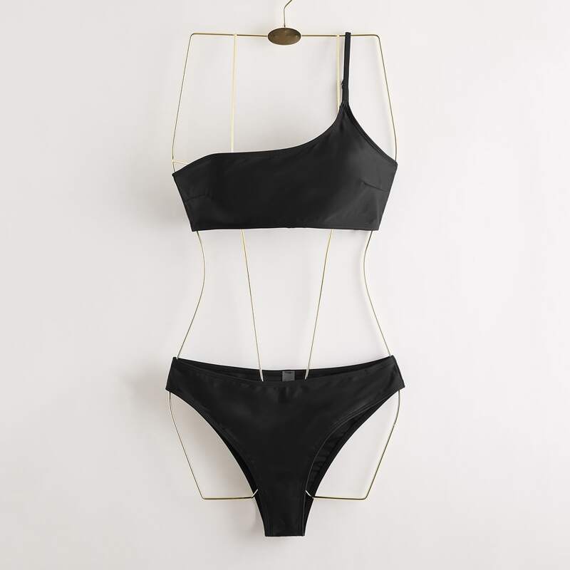 

One shoulder Bikini Swimsuit & Sheer Skirt, Black