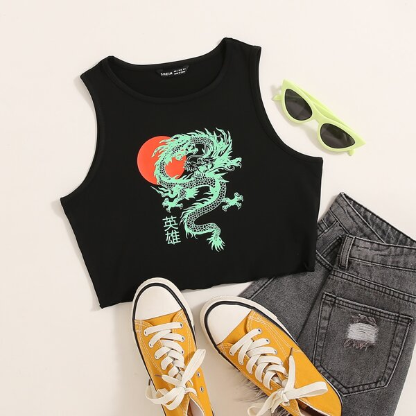 

Chinese Dragon & Letter Graphic Crop Tank Top, Black