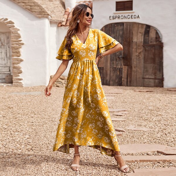 

Layered Bell Sleeve Floral Print Dress, Yellow