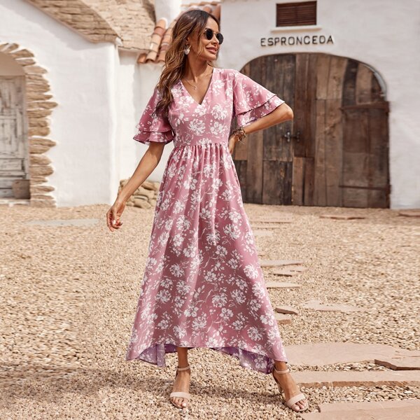 

Layered Bell Sleeve Floral Print Dress, Dusty pink