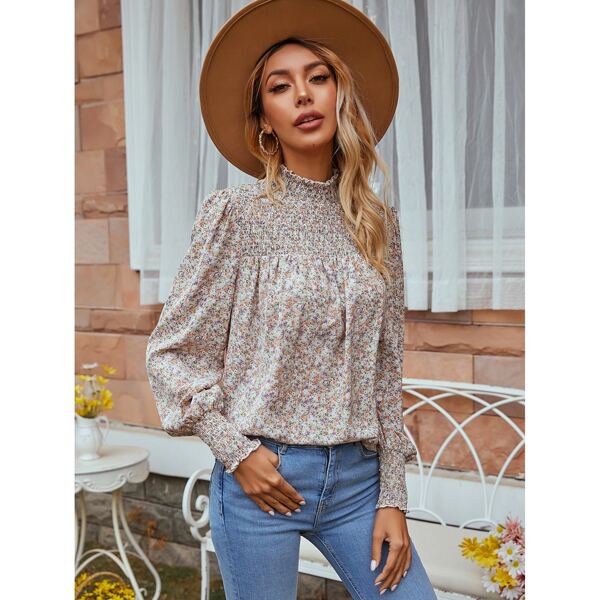

Mock Neck Shirred Yoke Ditsy Floral Top, Multicolor
