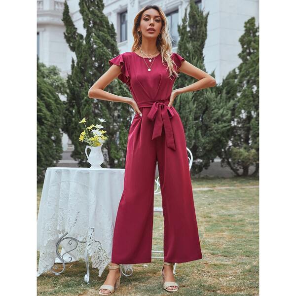 

Ruffle Armhole Self Belted Wide Leg Jumpsuit, Burgundy