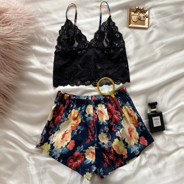 

Lace Cami Top & Satin Floral Shorts Night Set, Multicolor