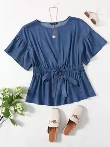 EMERY ROSE Plus Flounce Sleeve Tie Front Top Women Summer Solid Color Blouse - Dark Wash - View 1