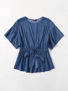 EMERY ROSE Plus Flounce Sleeve Tie Front Top Women Summer Solid Color Blouse - Dark Wash - View 3