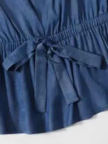 EMERY ROSE Plus Flounce Sleeve Tie Front Top Women Summer Solid Color Blouse - Dark Wash - View 4