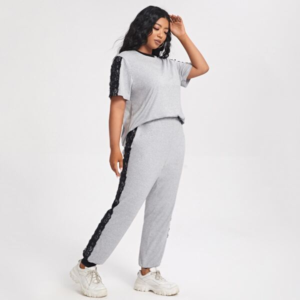 

Plus Lace Panel Tee & Sweatpants, Light grey
