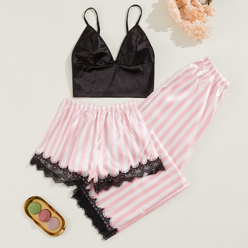 

3 Pack Satin Striped Contrast Lace Night Set, Multicolor