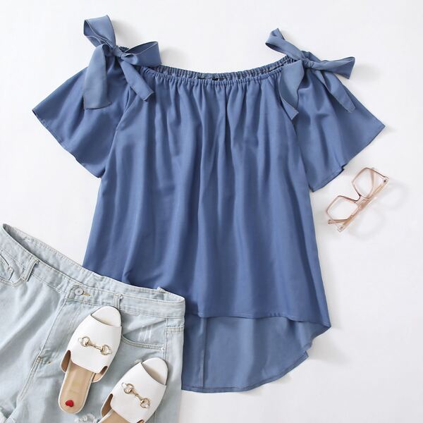 

Plus Bow High Low Denim Top, Medium wash