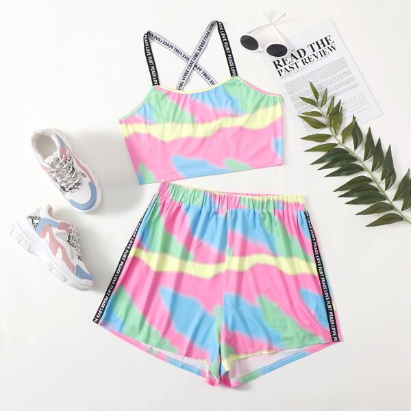 

Plus Color Block Letter Tape Top & Shorts, Multicolor