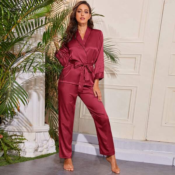 

Solid Belted Satin Night Set, Rose red