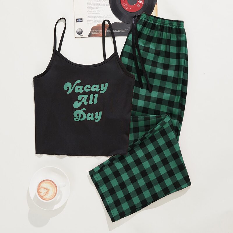 

Letter & Gingham Print Cami PJ Set, Multicolor