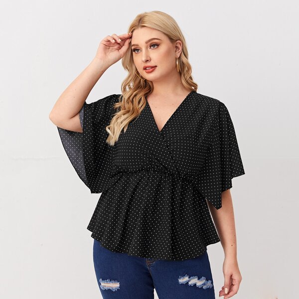 

Plus Polka Dot Wrap Babydoll Blouse, Black